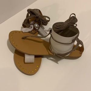 Qupid Studded t-strap tassel lace up flat sandals